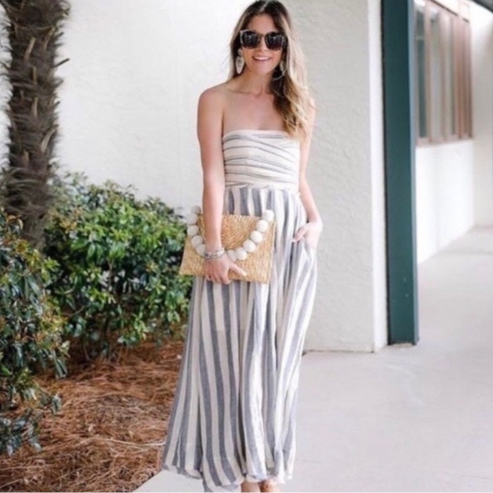 FREE PEOPLE Stripe Me Up Cotton Strapless Dress Bandage Sun Dress Midi T…